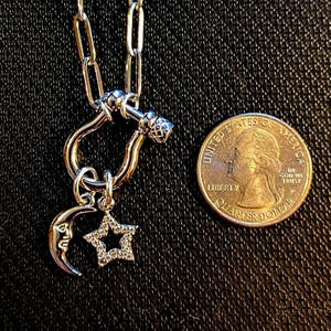 Celestial Moon CZ Star Shackle Clasp Carabiner Necklace, Silver - 20 inch - - LadybugfeetDesigns -