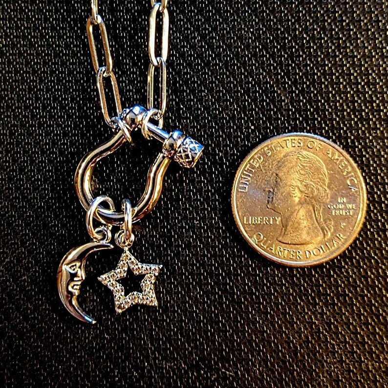 Celestial Moon CZ Star Shackle Clasp Carabiner Necklace, Silver - 20 inch - - LadybugfeetDesigns -