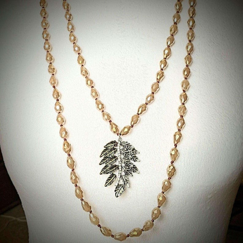 Two-Tone Leaf Champagne Crystal Necklace - 60 inch - - LadybugfeetDesigns -