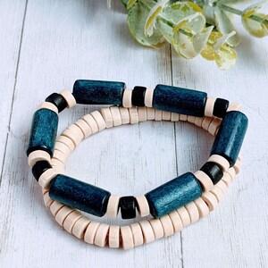 Blue Barrel Bead Stretch bracelet - Unisex - - LadybugfeetDesigns -
