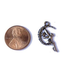 Silver Fairy on Crescent Moon Charm - - LadybugfeetDesigns -