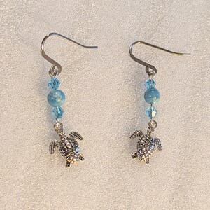Sea Turtle Larimar Beaded Hook Earrings, Silver - - LadybugfeetDesigns -