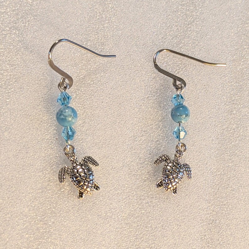 Sea Turtle Larimar Beaded Hook Earrings, Silver - - LadybugfeetDesigns -