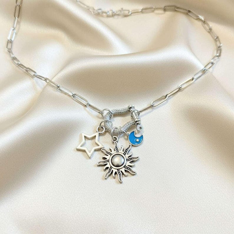 Fiery Sun, Blue Moon and Star Shackle Clasp Carabiner Necklace, Silver - Adjusts up to 20 inches - - LadybugfeetDesigns -