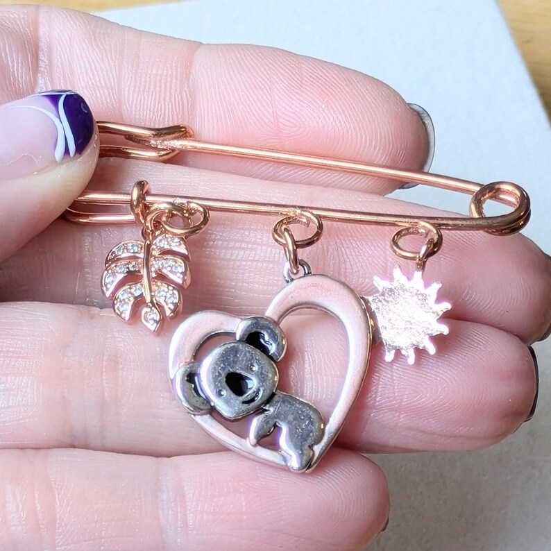 Koala Safety Pin Brooch, Purse Charm, Rose Gold - - LadybugfeetDesigns -