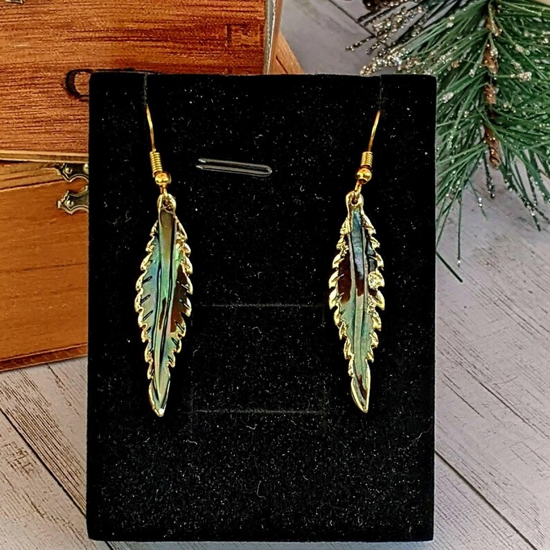 Abalone Feather dangle earrings, Gold - - LadybugfeetDesigns -