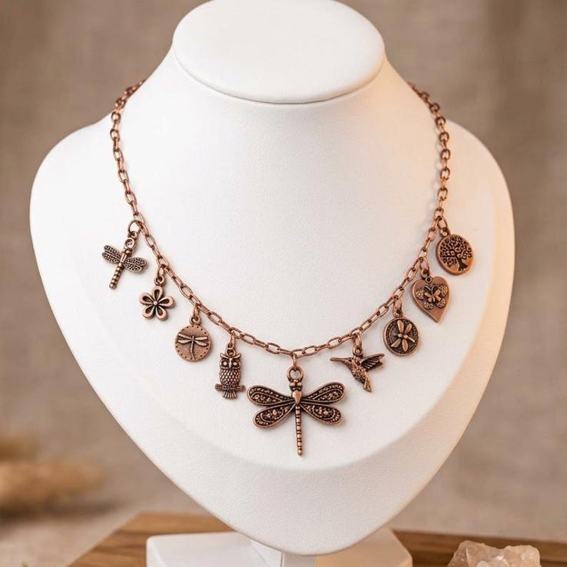 Boho Nature Multi Charm Link Necklace, Antique Copper- 20 inch - - LadybugfeetDesigns -