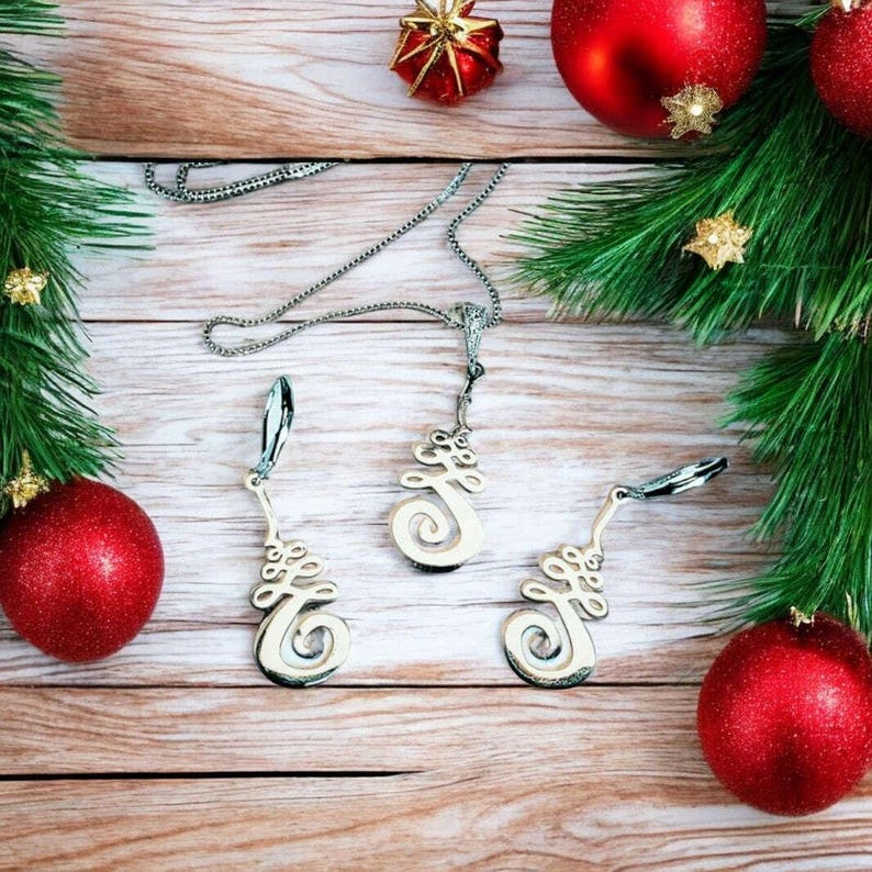 Unalome Earring/Necklace Set, Silver - Adjustable - - LadybugfeetDesigns -