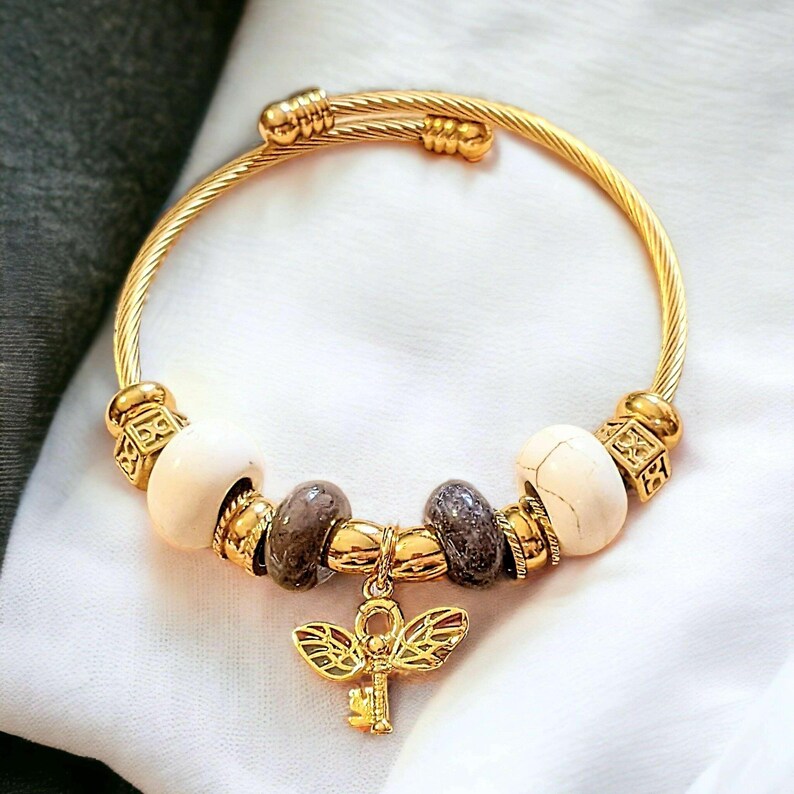 Winged Key Euro Cuff Wrap Bracelet, Gold - - LadybugfeetDesigns -