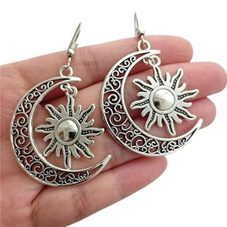 Large Filigree Crescent Moon Sun Hook Earrings, Silver - - LadybugfeetDesigns -