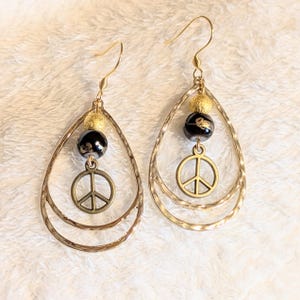 Boho Hammered Teardrop Peace Sign Bead Earrings, Gold - - LadybugfeetDesigns -