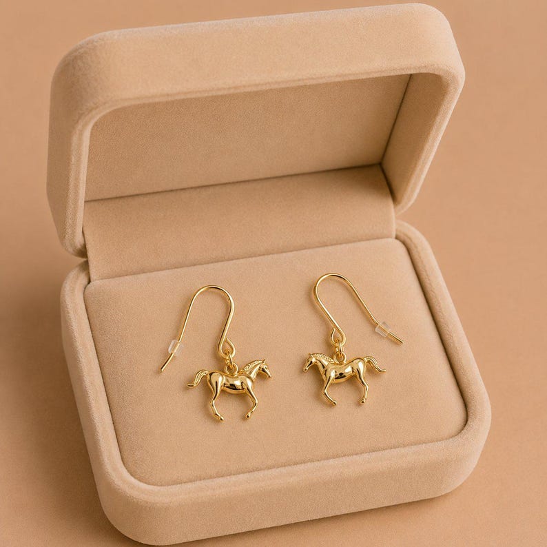 Horse dangle earrings, Gold - - LadybugfeetDesigns -
