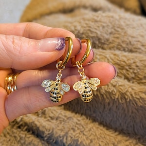 CZ Honeybee Hoop earrings, Gold -12mm - - LadybugfeetDesigns -