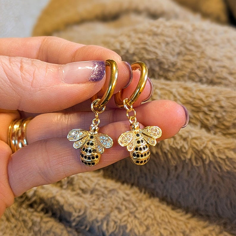CZ Honeybee Hoop earrings, Gold -12mm - - LadybugfeetDesigns -