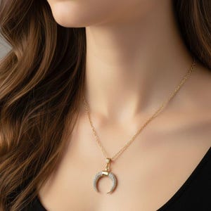 Downward Crescent Moon Necklace, Crescent Horn Necklace, Gold - - LadybugfeetDesigns -