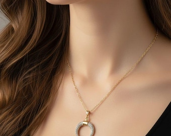 Downward Crescent Moon Necklace, Crescent Horn Necklace, Gold