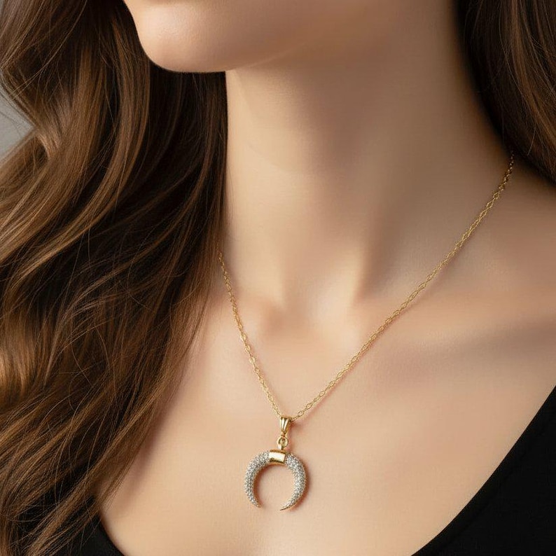 Downward Crescent Moon Necklace, Crescent Horn Necklace, Gold - - LadybugfeetDesigns -