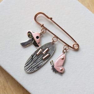 Whimsical Nature Safety Pin Brooch, Purse Charm, Rose Gold - - LadybugfeetDesigns -
