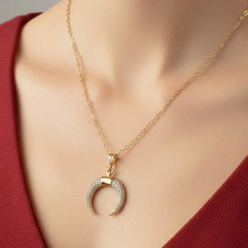 Downward Crescent Moon Necklace, Crescent Horn Necklace, Gold - - LadybugfeetDesigns -