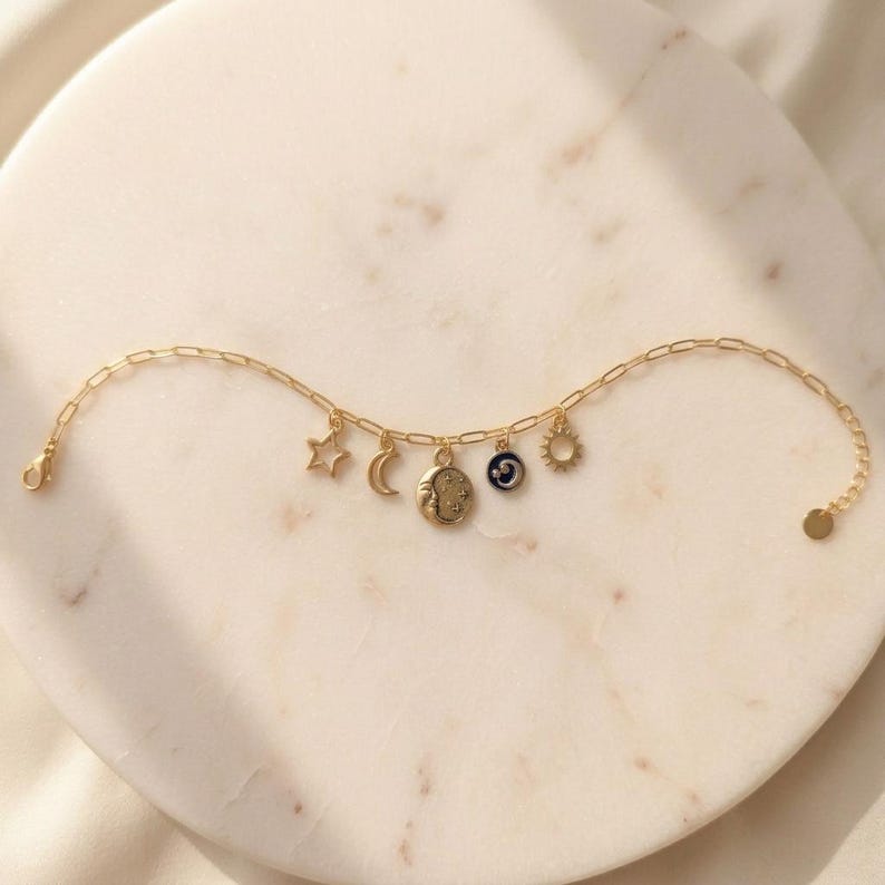 Celestial II Multi Charm Link Necklace, Gold- 20 inch - - LadybugfeetDesigns -