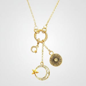 Crescent Moon Star Charm Keeper Necklace, Gold - 18 - 24 inches - - LadybugfeetDesigns -