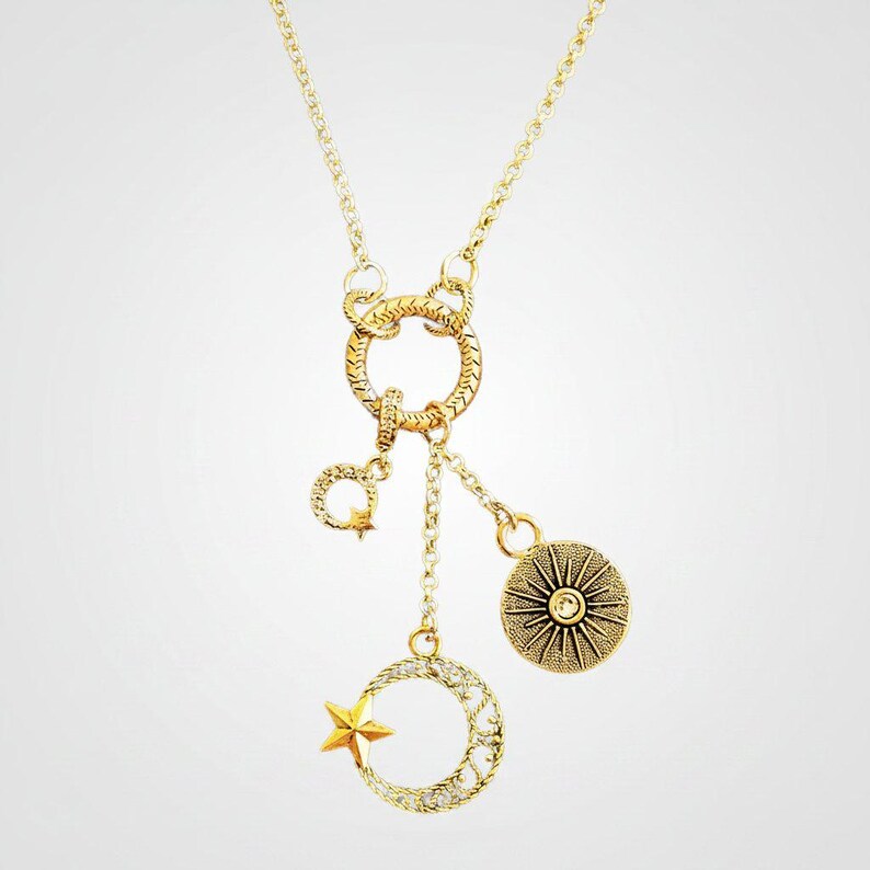 Crescent Moon Star Charm Keeper Necklace, Gold - 18 - 24 inches - - LadybugfeetDesigns -