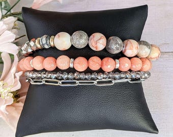 Peach Dream Crystal Beaded layered cuff bracelet