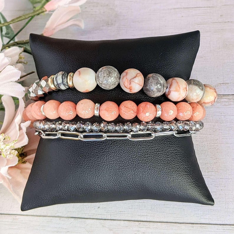 Peach Dream Crystal Beaded layered cuff bracelet - - LadybugfeetDesigns -
