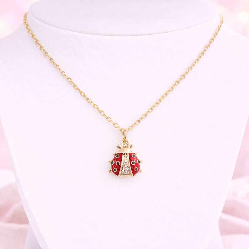 Ladybug necklace, Gold - 20 inch - - LadybugfeetDesigns -