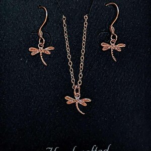 Dragonfly Rose Gold necklace/earrings set, 18 inch - - LadybugfeetDesigns -
