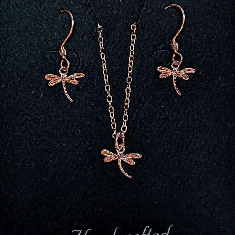 Dragonfly Rose Gold necklace/earrings set, 18 inch - - LadybugfeetDesigns -