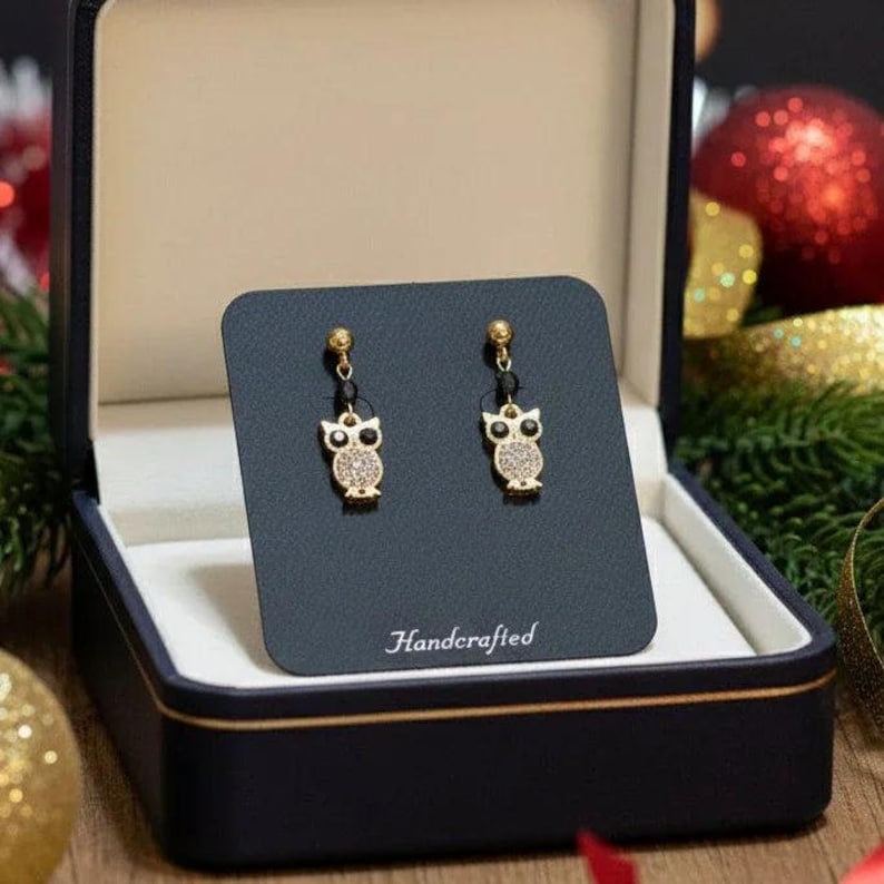 CZ Owl Charm Drop Stud Earrings-Gold - - LadybugfeetDesigns -