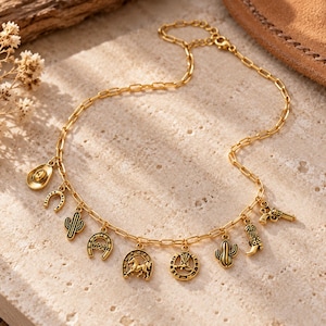 Wild West Multi Charm Link Necklace, Gold- 20 inch - - LadybugfeetDesigns -