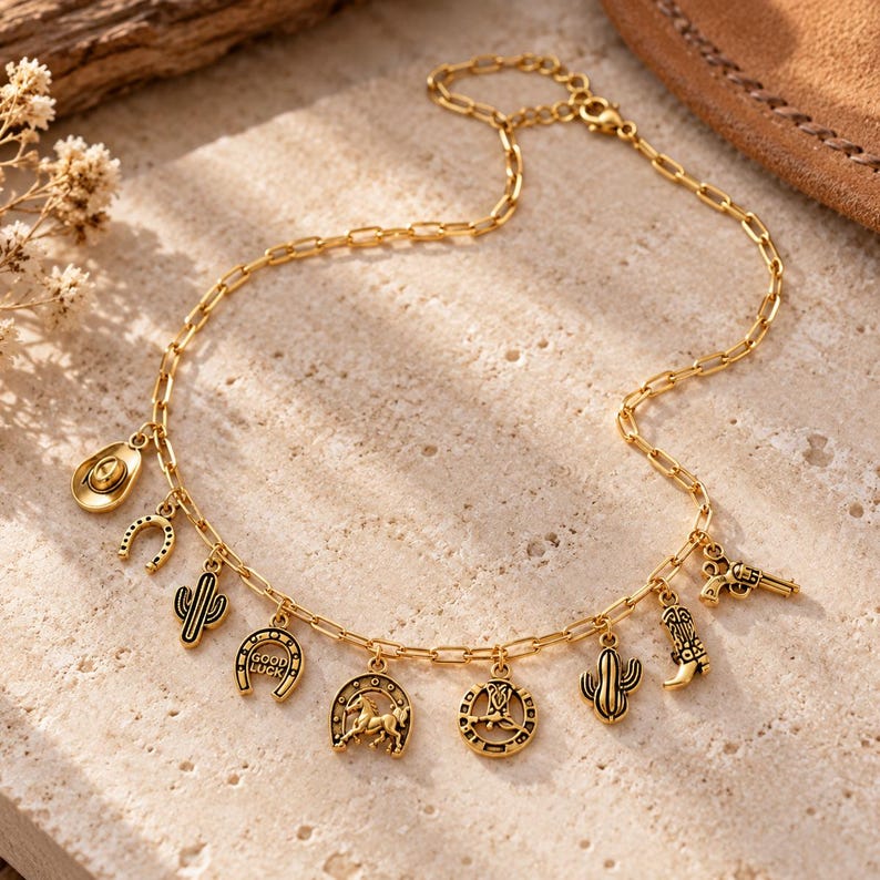 Wild West Multi Charm Link Necklace, Gold- 20 inch - - LadybugfeetDesigns -