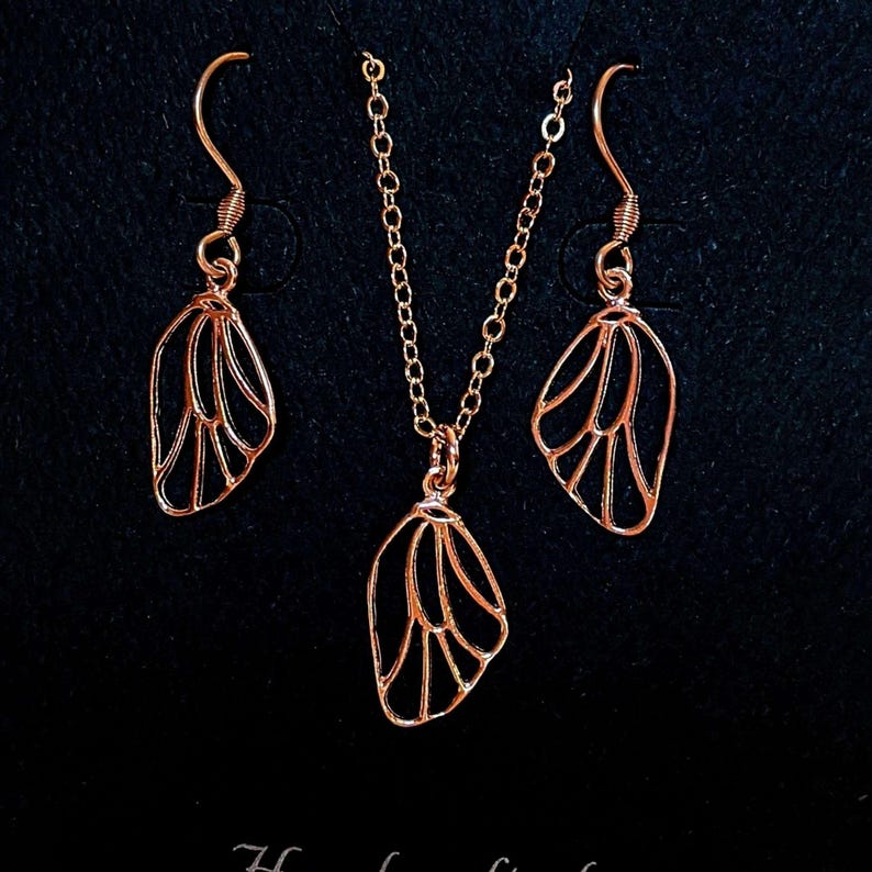 Butterfly/Fairy Wing Rose Gold necklace/earrings set, 18 inch - - LadybugfeetDesigns -