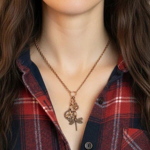 Dragonfly Charm Keeper Necklace, Antique Copper - 18-24 inch - - LadybugfeetDesigns -