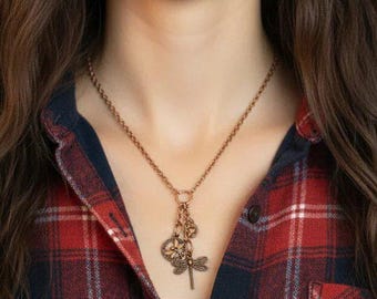 Dragonfly Charm Keeper Necklace, Antique Copper - 18-24 inch