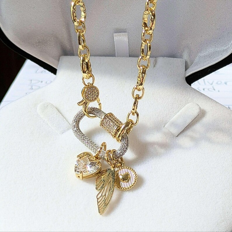 Dragonfly/Fairy Wing, Heart Carabiner Necklace, Gold - Adjusts up to 20 inches - - LadybugfeetDesigns -