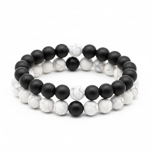 White Howlite and Black Wood Bead Couple's Bracelet, Distance Bracelets SET, Unisex