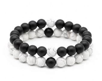 White Howlite and Black Wood Bead Couple's Bracelet, Distance Bracelets SET, Unisex