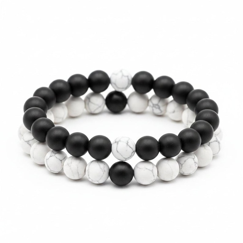 White Howlite and Black Wood Bead Couple's Bracelet, Distance Bracelets SET, Unisex - - LadybugfeetDesigns -