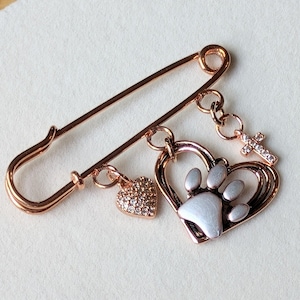Rustic Paw Print Heart Safety Pin Brooch, Purse Charm, Rose Gold - - LadybugfeetDesigns -