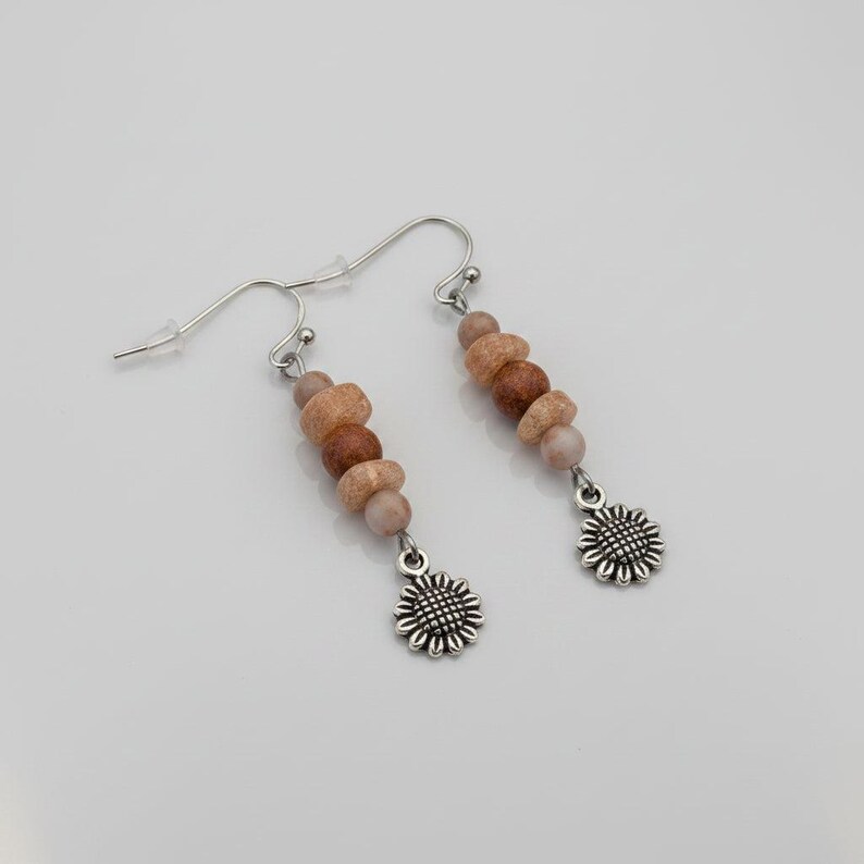 Sunflower Beaded Sunstone Hook Earrings, Silver - - LadybugfeetDesigns -