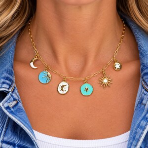 Celestial Multi Charm Link Necklace, Gold- 20 inch - - LadybugfeetDesigns -