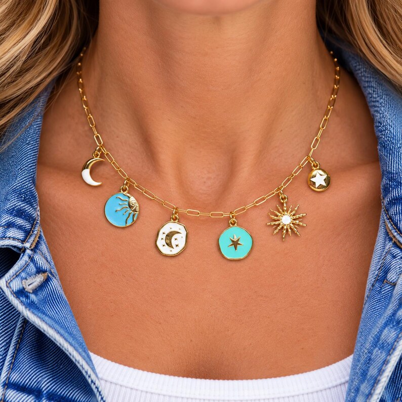 Celestial Multi Charm Link Necklace, Gold- 20 inch - - LadybugfeetDesigns -