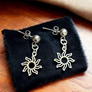 Fiery Sun Charm Drop Stud Earrings-Silver - - LadybugfeetDesigns -