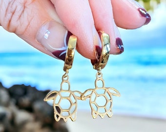 Gold Sea Turtle Hoop earrings, 16mm Hoop Drop