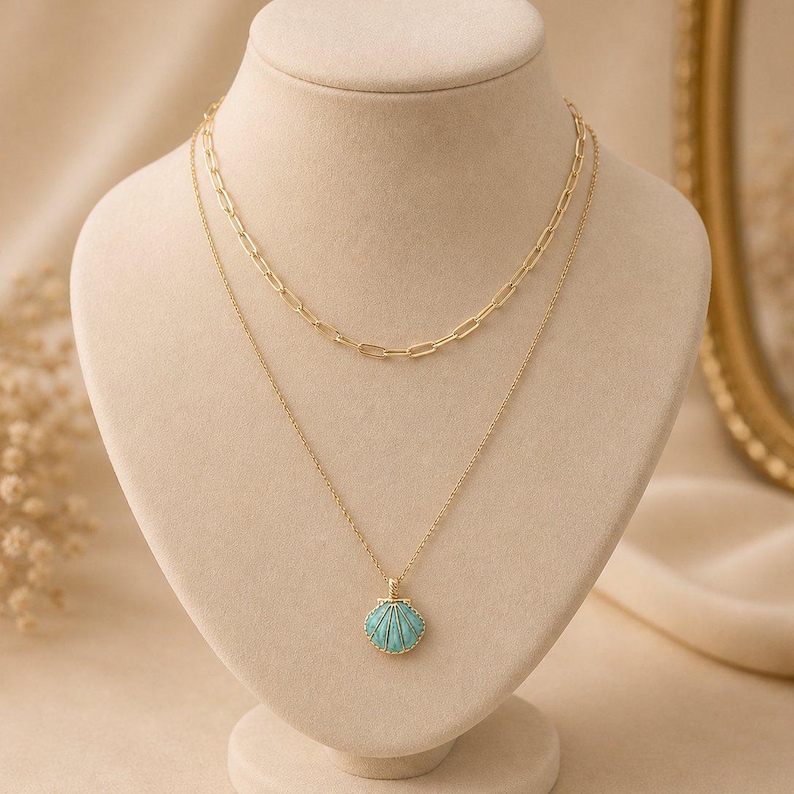Blue Scallop Shell necklace set, Gold - - LadybugfeetDesigns -