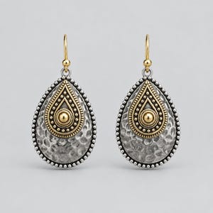 Hammered Two-Tone Boho Teardrop Hook Earrings, Gold - - LadybugfeetDesigns -