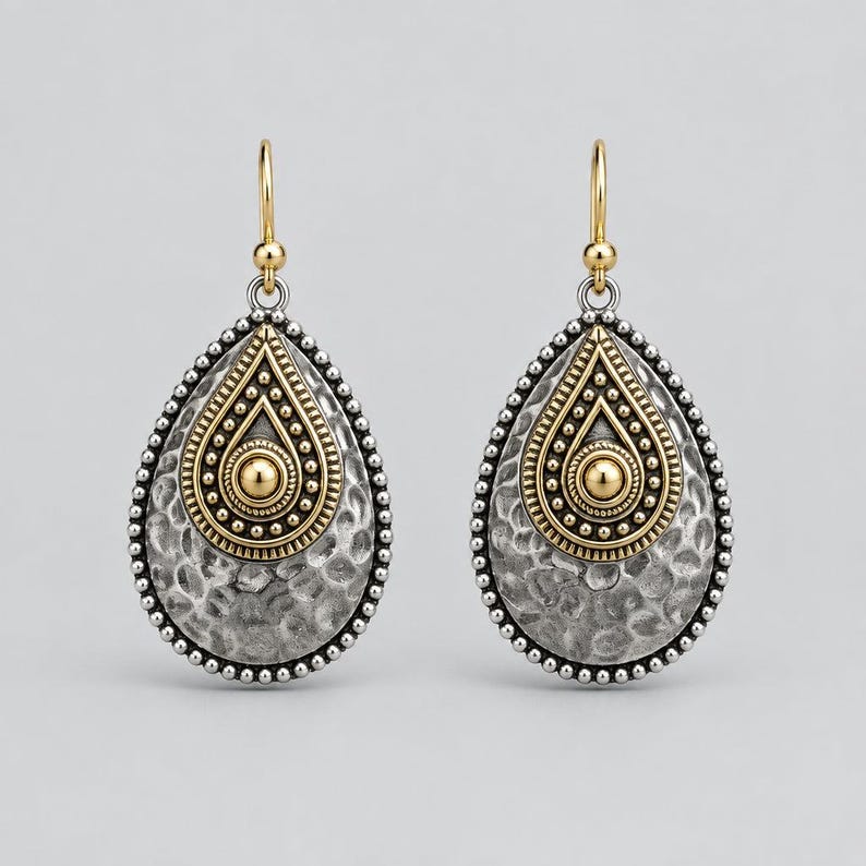 Hammered Two-Tone Boho Teardrop Hook Earrings, Gold - - LadybugfeetDesigns -